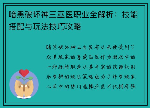 暗黑破坏神三巫医职业全解析：技能搭配与玩法技巧攻略